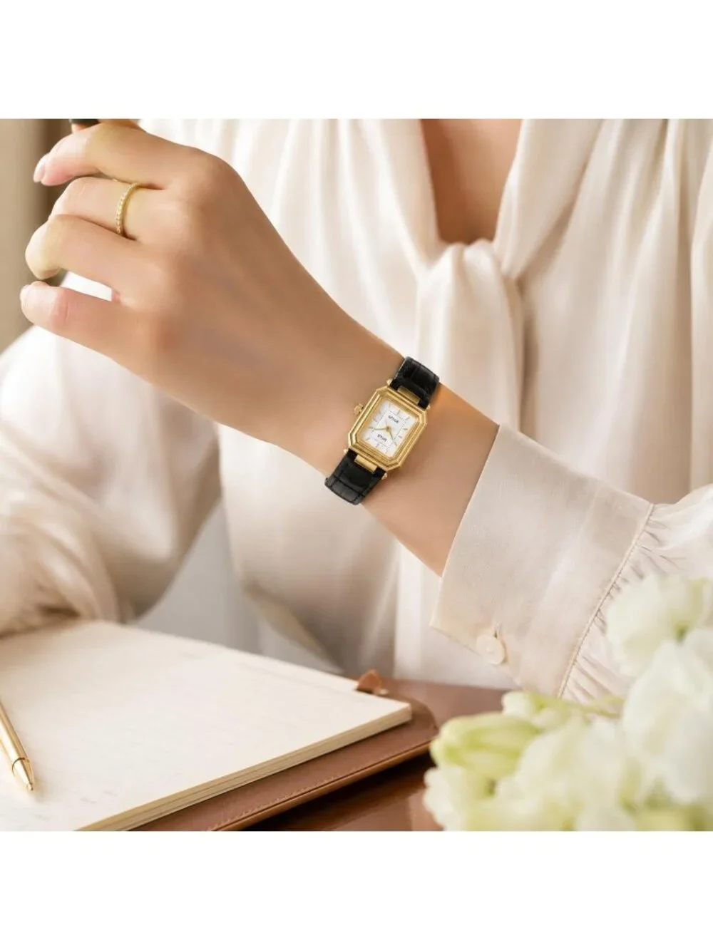 Women's Black White Square Vintage Leather Strap Quartz Elegant Wrist Watch